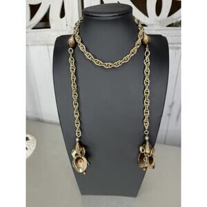 VTG Thick Double Chain Brown Beaded Floral Necklace Gold Tone Hollywood Glam